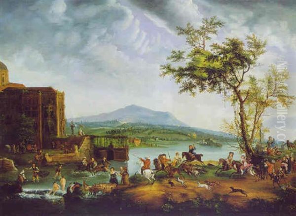 Hirschjagd In Einer Weiten Fluslandschaft Mit Einem Schlos Oil Painting by Carel van Falens