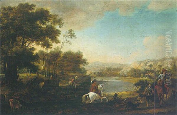 A Wooded River Landscape With A Hawking Party Oil Painting by Carel van Falens