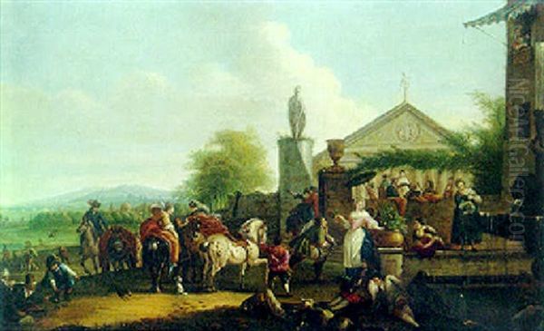 A Hunting Party Halting By A Fountain Outside A Villa Oil Painting by Carel van Falens