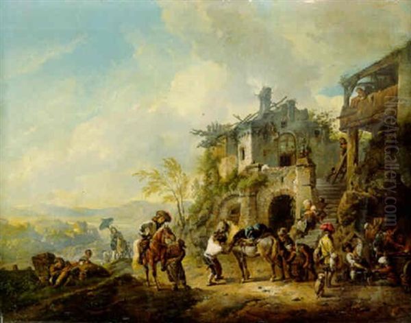 Gentlemen Having Their Mounts Reshoed At A Blacksmith's, By A Homestead Above A Valley Oil Painting by Carel van Falens