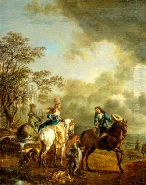 Depart Pour La Chasse Au Faucon Pres D'une Fontaine Oil Painting by Carel van Falens