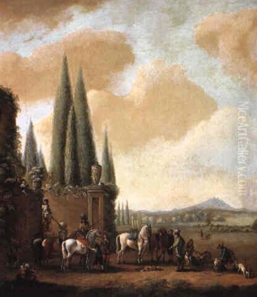 A Hunting Party Preparing For The Chase On The Borders Of An Estate Oil Painting by Carel van Falens