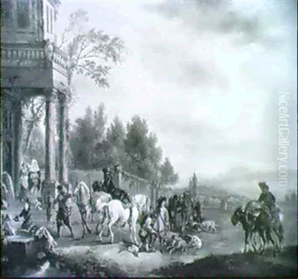 Jagdgesellschaft Vor Dem Schloss Oil Painting by Carel van Falens