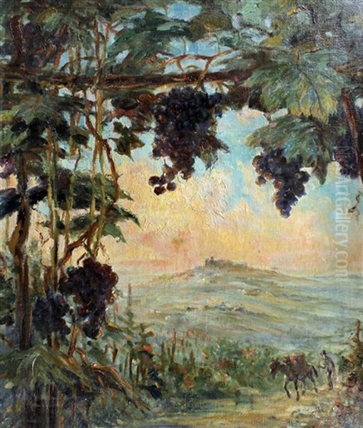 Italian Landscape As Viewed From A Vineyard With Fruiting Vines To The Foreground Oil Painting by Vadim Dmitievich Falileev