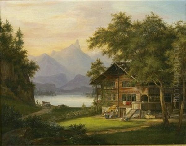 Schweizer Gebirgslandschaft Mit See Und Chalet Oil Painting by Johann Jakob Falkeisen