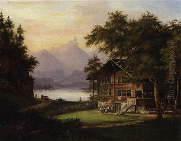 Blick Auf Einen Gebirgssee In Der Schweiz, Mit Einem Bauernhaus Oil Painting by Johann Jakob Falkeisen