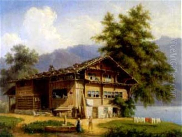 Bauernhaus Von Unter-weggis Canton Luzern Oil Painting by Johann Jakob Falkeisen