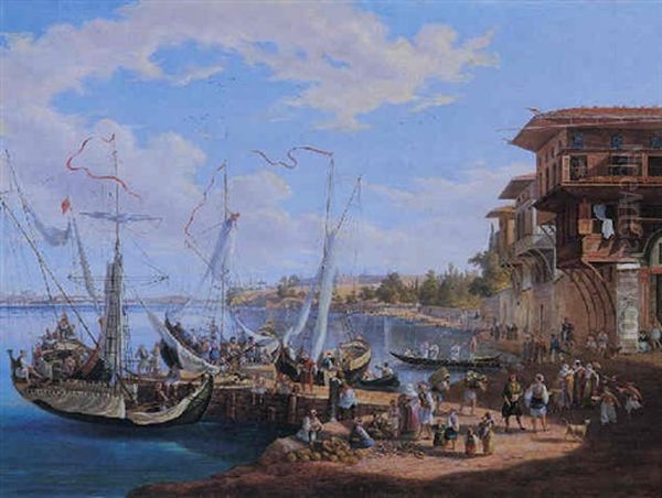 The Arrival Of Goudal At The Market Place Of Kadikoy On The Asiatic Shore Of The Bosphorus Oil Painting by Johann Jakob Falkeisen