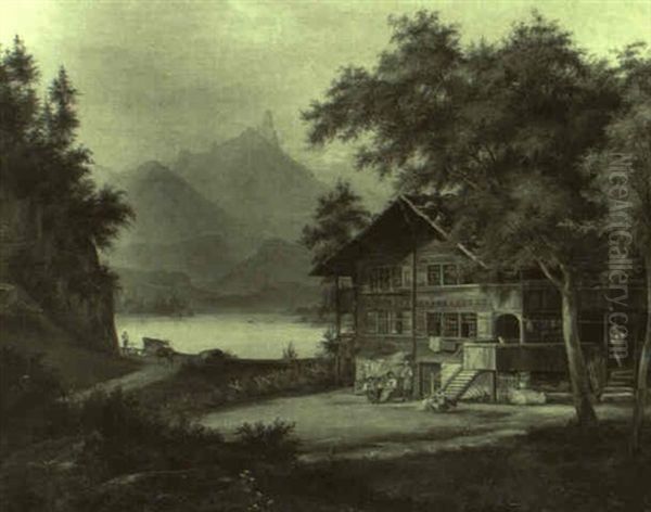 Alpenlandschaft Mit Einem Bauernhaus An Einem See Oil Painting by Johann Jakob Falkeisen