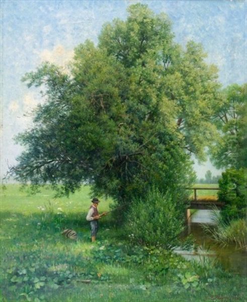 Bachpartie Mit Jungem Angler Oil Painting by Georg Richard Falkenberg