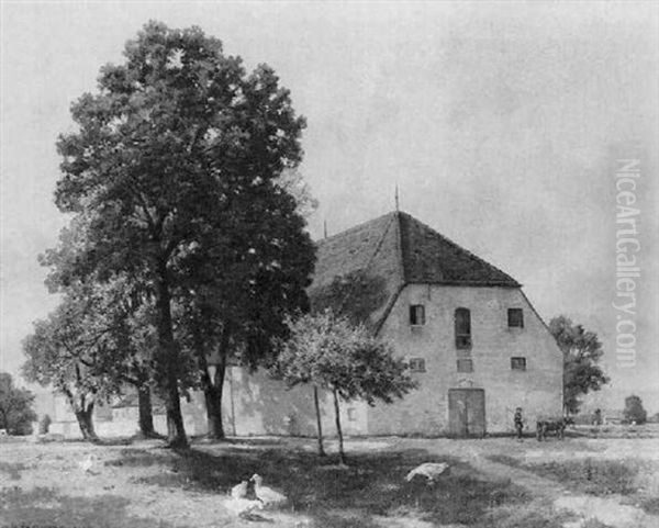 Bauerngehoft, Im Vordergund Grasende Ganse Oil Painting by Georg Richard Falkenberg