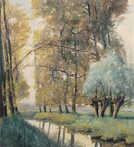 Niederrheinisches Altwasser Mit Pappeln Und Knuppelweiden Im Fruhling Oil Painting by Richard Falkenberg