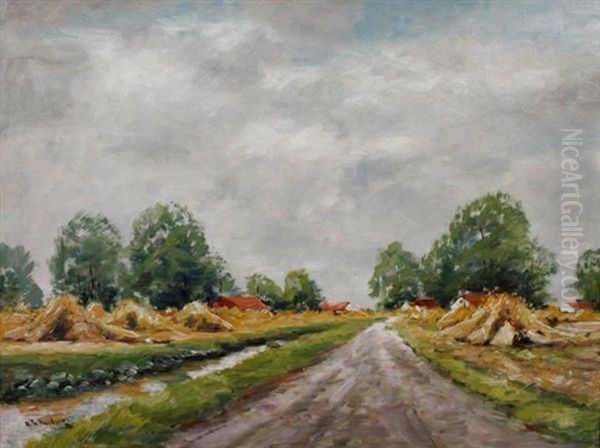 Landschaft Mit Getreidehocken Beiderseits Eines Weges, Im Hintergrund Ein Dorf Oil Painting by Richard Falkenberg