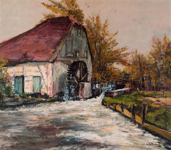 Alte Niederrheinische Wassermuhle Oil Painting by Richard Falkenberg