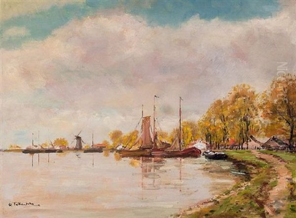 Landlicher Hollandischer Fischerhafen Im Herbst Oil Painting by Richard Falkenberg