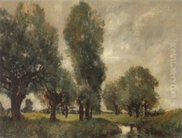 Weiden In Niederrheinischer Bachlandschaft Oil Painting by Richard Falkenberg