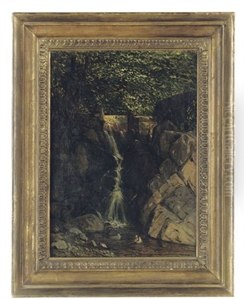 A Waterfall Illuminated By Sunlight Oil Painting by Constant Alexandre Famin