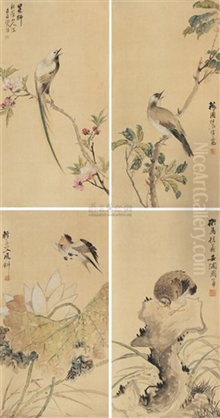 Flowers And Birds (4 Works) Oil Painting by  Fan Qian