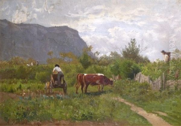 Paysage Anime D'un Vendangeur Et D'un Maraicher Recoltant Oil Painting by Clement Alphonse Antonin Fanart