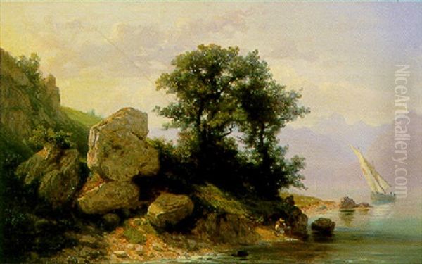 Les Pecheurs Au Bord Du Lac Oil Painting by Clement Alphonse Antonin Fanart