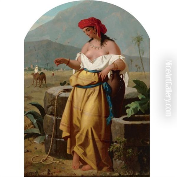 A Young Hay Gatherer And A Water Carrier By The Fountain (pair) Oil Painting by Enrico Fanfani