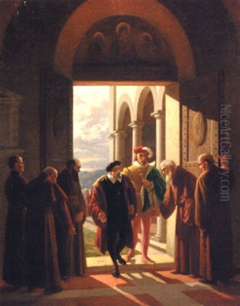 Noblemen Entering A Monastery Oil Painting by Enrico Fanfani