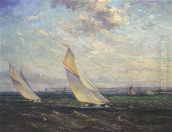 Yachts Racing In A Stiff Breeze Oil Painting by Alice Maud Fanner