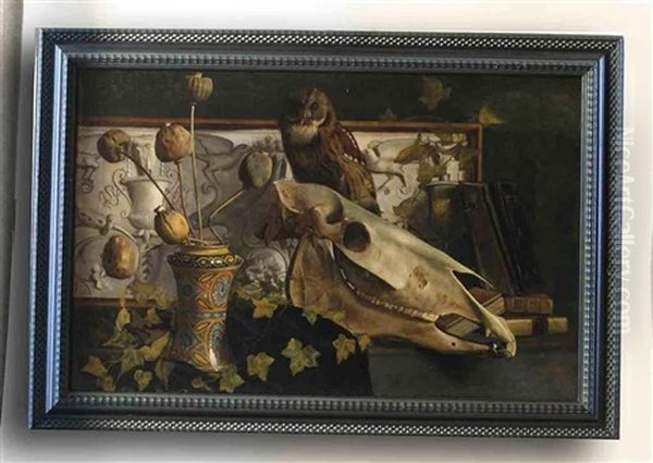 A Still Life With An Owl And A Scull Oil Painting by Enrico Fantappie