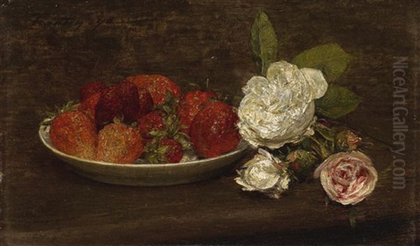 Nature Morte, Grosses Fraises Et Roses Oil Painting by Henri Fantin-Latour