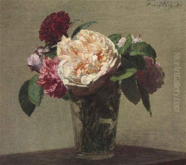 Roses The Et Roses Rouges Dans Un Verre Oil Painting by Henri Fantin-Latour