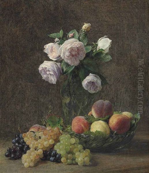 Nature Morte: Vase De Roses, Peches Et Raisins Oil Painting by Henri Fantin-Latour