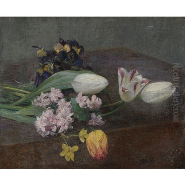 Jacinthes, Tulipes Et Pensees Posees Sur Une Table Oil Painting by Henri Fantin-Latour