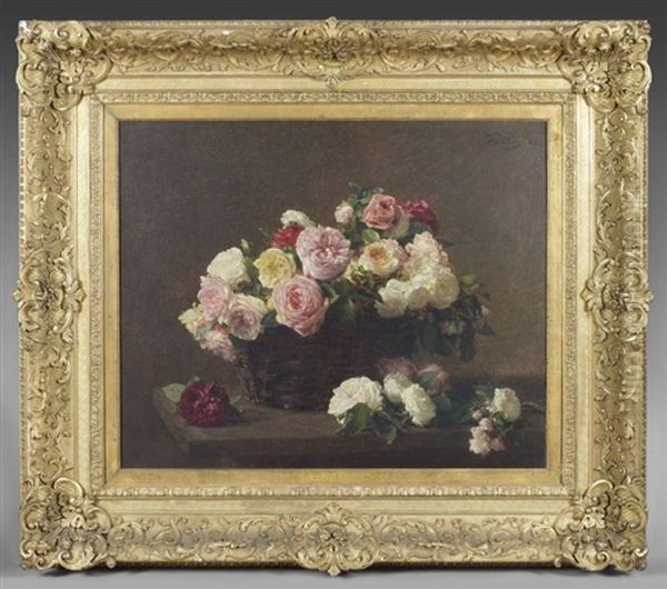 Fleurs Et Panier De Roses Sur Une Table Oil Painting by Henri Fantin-Latour