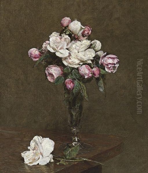 Roses Blanches Et Roses Dans Une Flute A Champagne Oil Painting by Henri Fantin-Latour