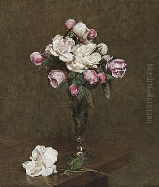 Roses Blanches Et Roses Dans Une Flute A Champagne by Henri Fantin-Latour