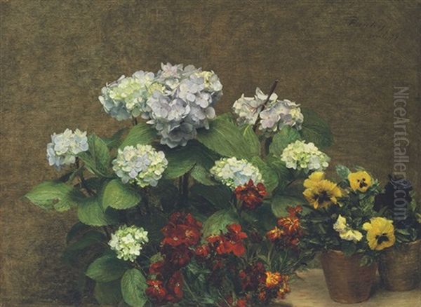 Fleurs - Hortensias, Giroflees, Deux Pots De Pensees Oil Painting by Henri Fantin-Latour