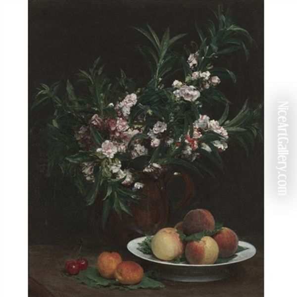 Nature Morte (balsamines, Peches Et Abricots) Oil Painting by Henri Fantin-Latour