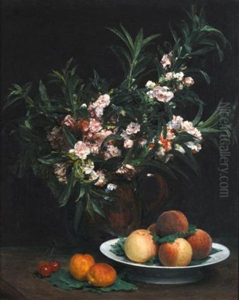 Nature Morte (balsamines, Peches Et Abricots) Oil Painting by Henri Fantin-Latour