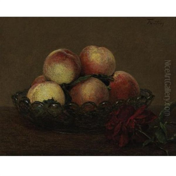 Nature Morte (peches Dans Une Coupe De Verre, Une Rose Rouge Foncee Avec Feuilles A Droite) Oil Painting by Henri Fantin-Latour