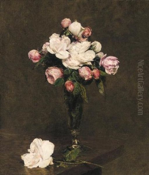 Roses Blanches Et Roses Dans Un Verre A Pied by Henri Fantin-Latour