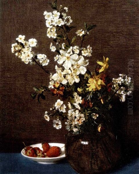 Vase De Fleurs Avec Un Plat De Fraises Oil Painting by Henri Fantin-Latour