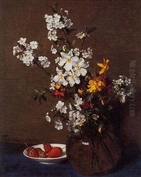 Vase De Fleurs Avec Un Plat De Fraises Oil Painting by Henri Fantin-Latour