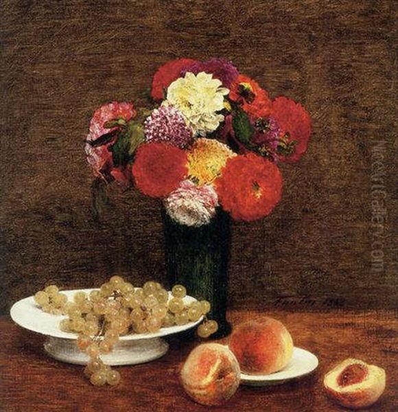 Nature Morte: Dahlias, Raisins Et Peches Oil Painting by Henri Fantin-Latour