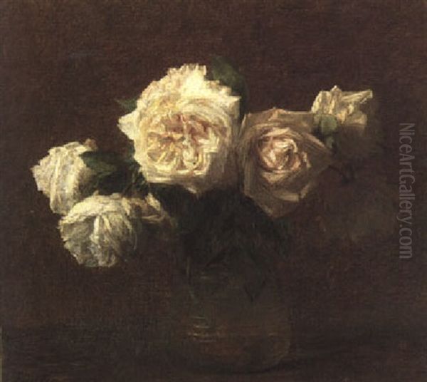 Six Roses Jaunes Dans Un Vase En Verre Oil Painting by Henri Fantin-Latour