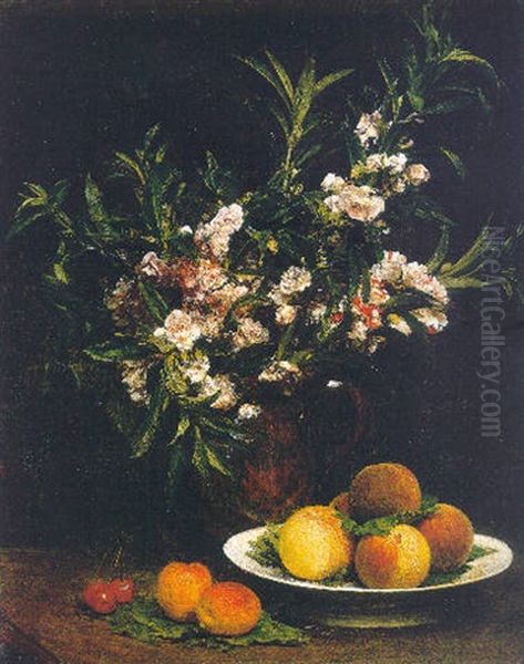 Nature Morte (balsamines, Peches Et Abricots) Oil Painting by Henri Fantin-Latour