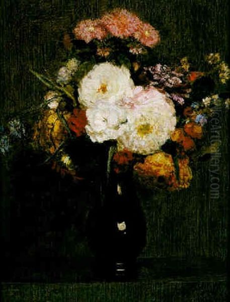 Dahlias, Reines Marguerites, Roses Et Bleuets Oil Painting by Henri Fantin-Latour