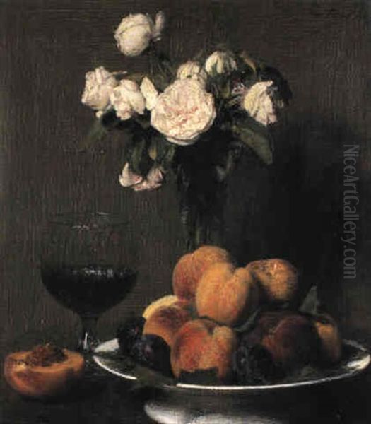 Nature Morte Aux Roses, Fruits Et Verre De Vin Oil Painting by Henri Fantin-Latour