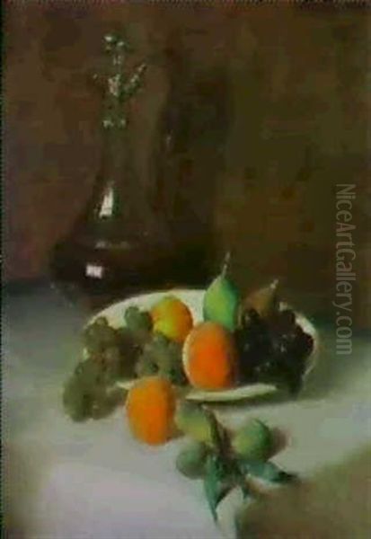 Carafe De Vin Et Assiette De Fruits Sur Une Nappe Blanche Oil Painting by Henri Fantin-Latour