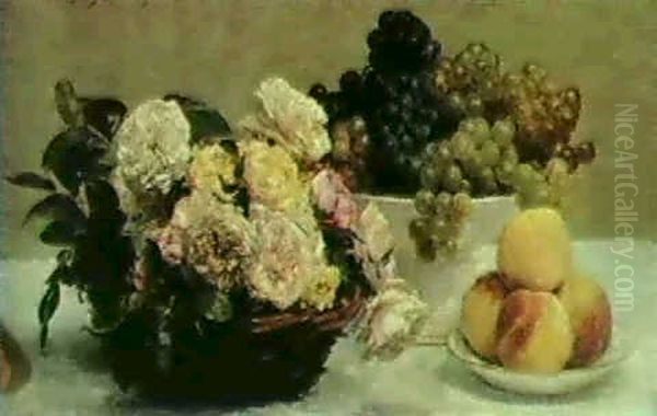 Nature Morte - Roses, Raisins Et Peches Oil Painting by Henri Fantin-Latour