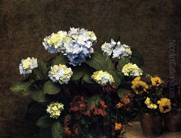 Hortensias, Giroflees, Deux Pots De Pensees Oil Painting by Henri Fantin-Latour